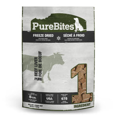 PureBites beef freeze-dried dog treats open bag showing protein-rich snack.