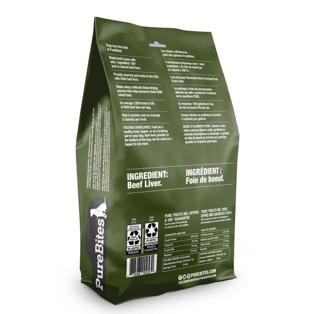 PureBites beef freeze-dried treats USA-made label closeup, quality and safety emphasis