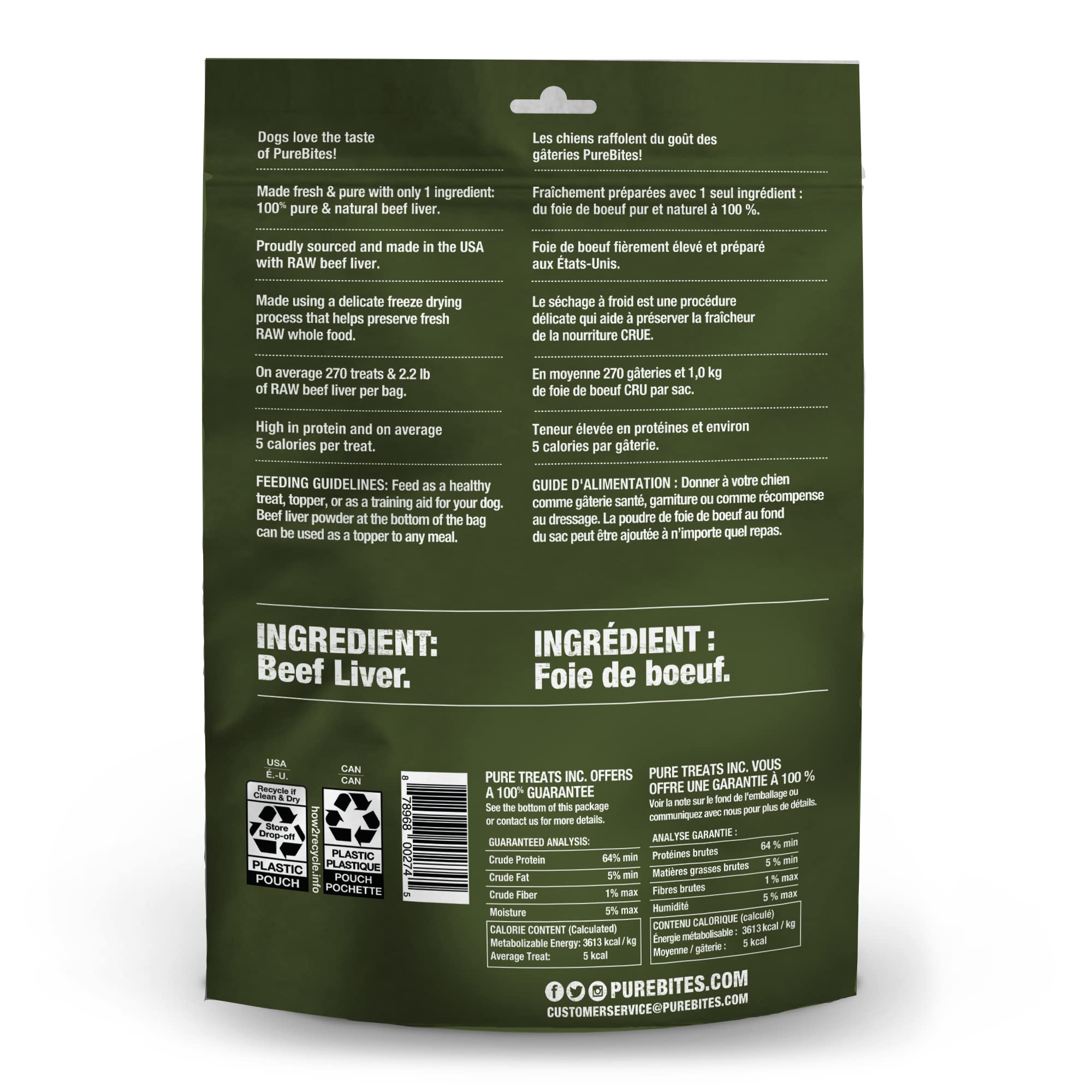 PureBites beef liver ingredients closeup shows a single-ingredient, no-added-sugar formula.