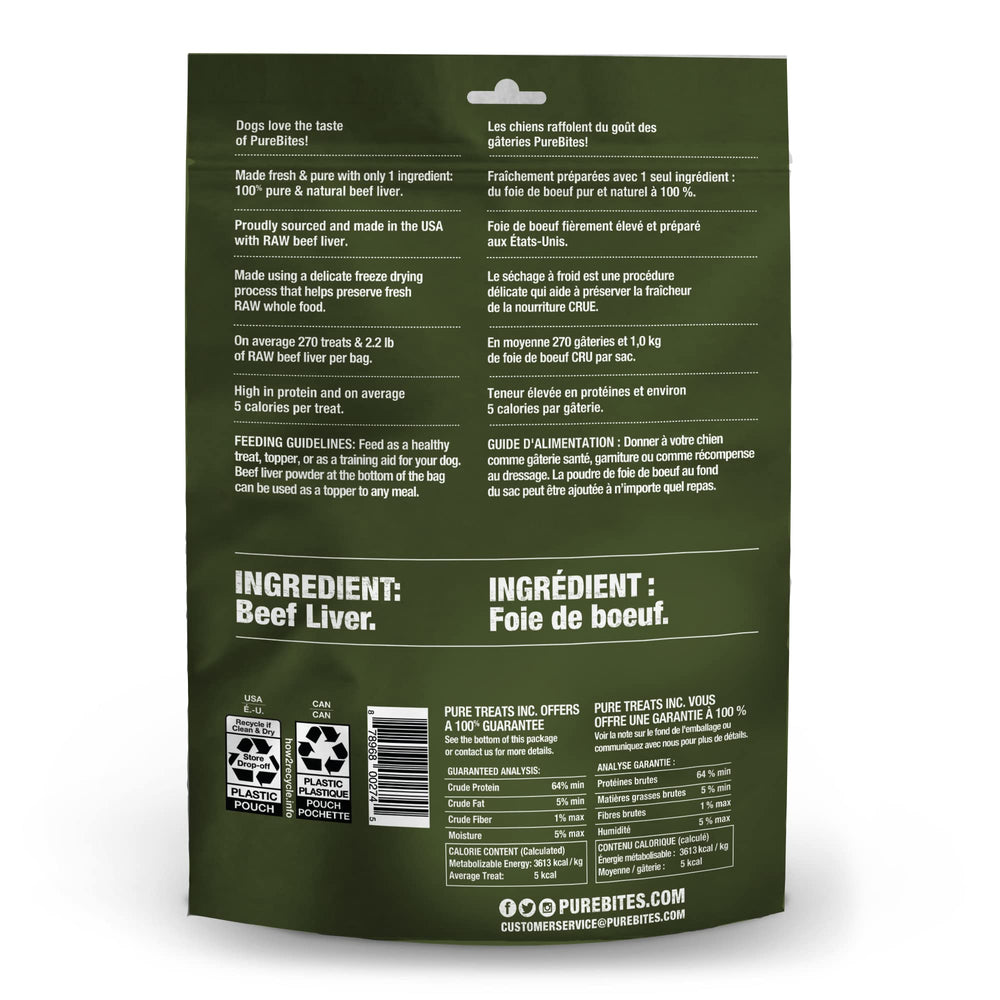 PureBites beef liver ingredients closeup shows a single-ingredient, no-added-sugar formula.