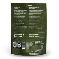PureBites beef liver ingredients closeup shows a single-ingredient, no-added-sugar formula.