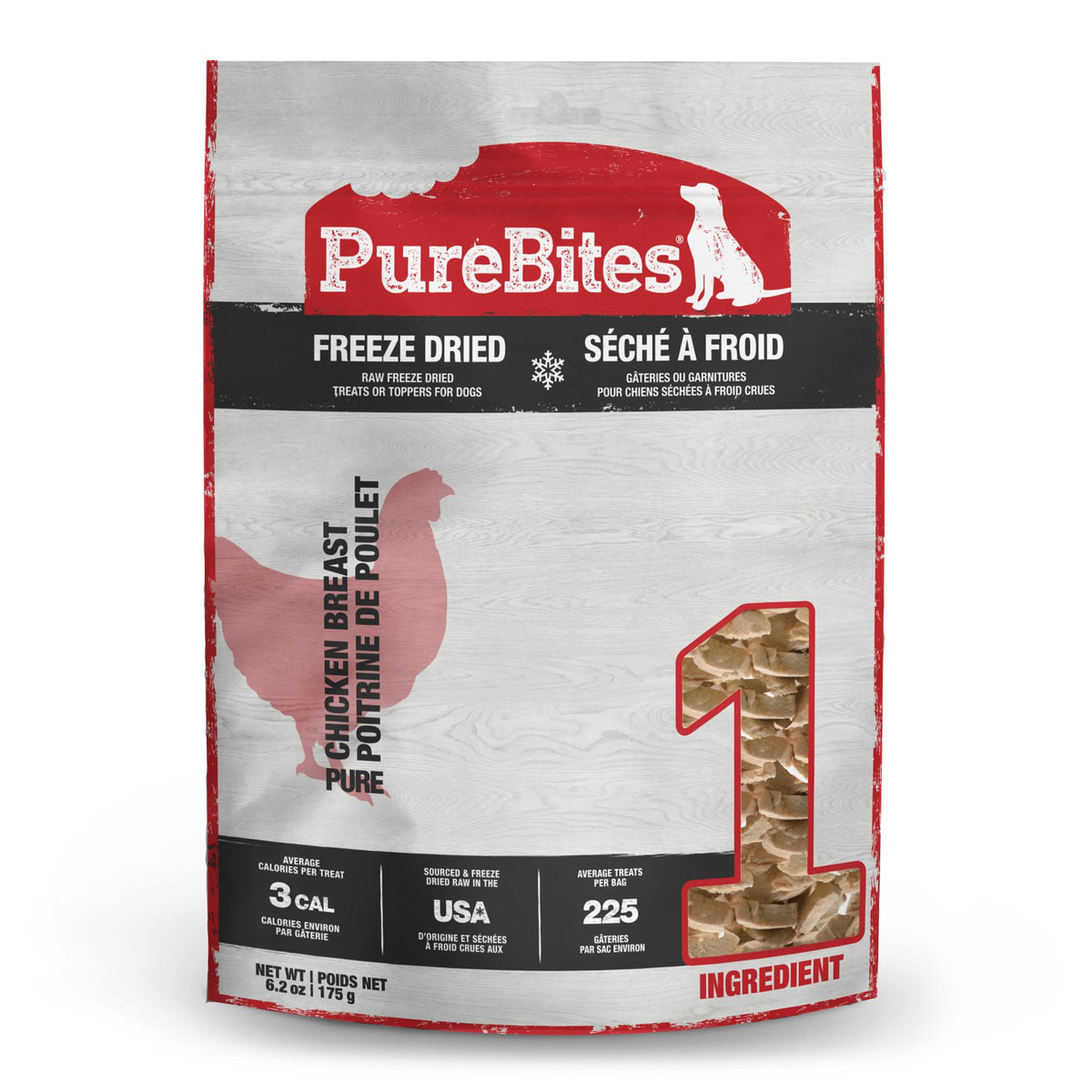 PureBites chicken breast freeze-dried dog treat in 6.2oz bag, simple single-ingredient reward