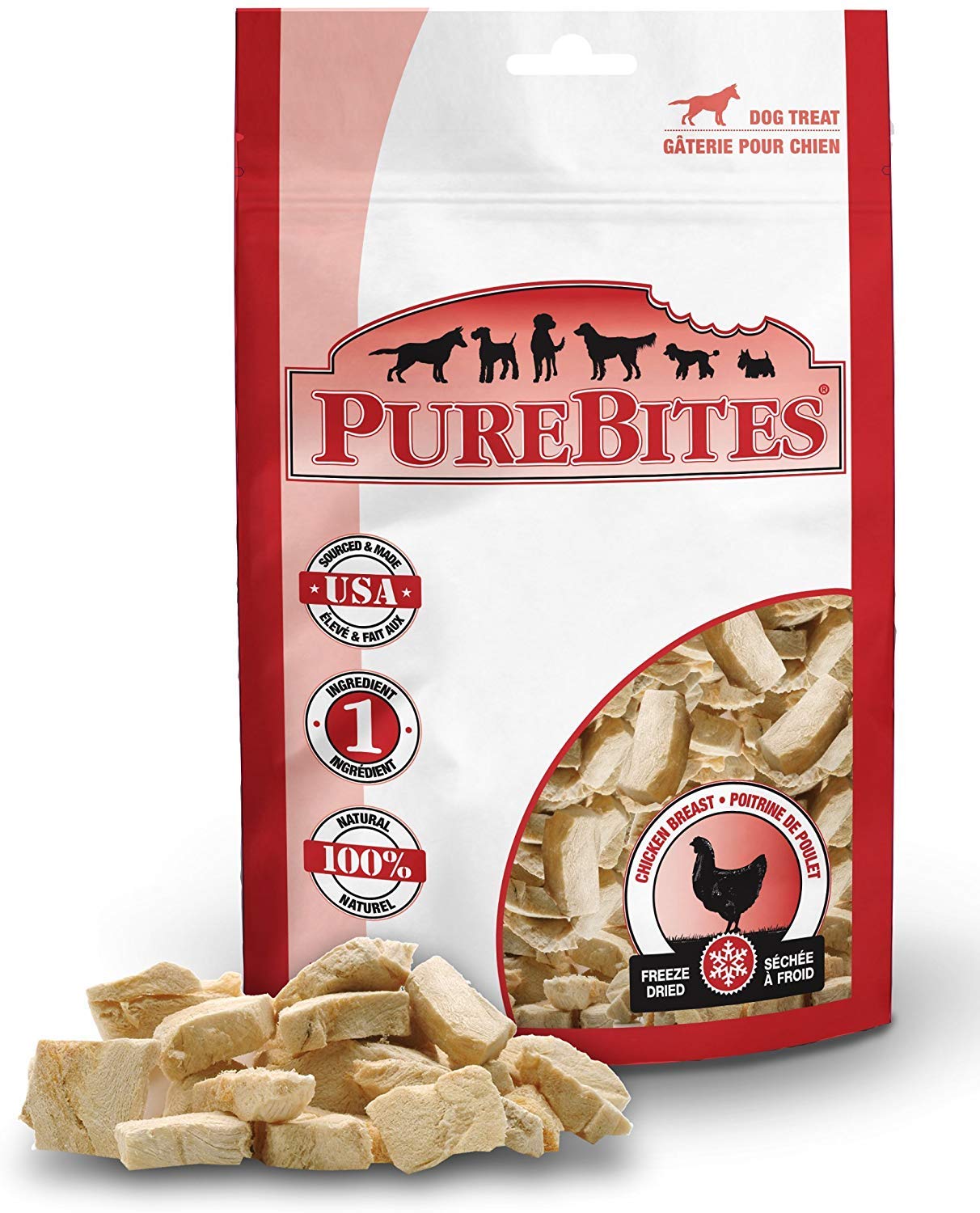 PureBites chicken breast freeze dried dog treats packaging showing a pack of three.