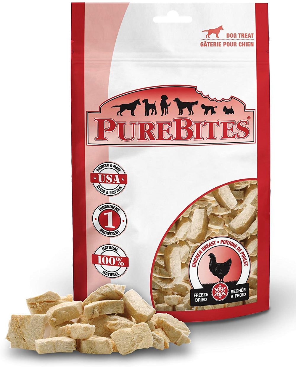 PureBites chicken breast freeze dried dog treats packaging showing a pack of three.