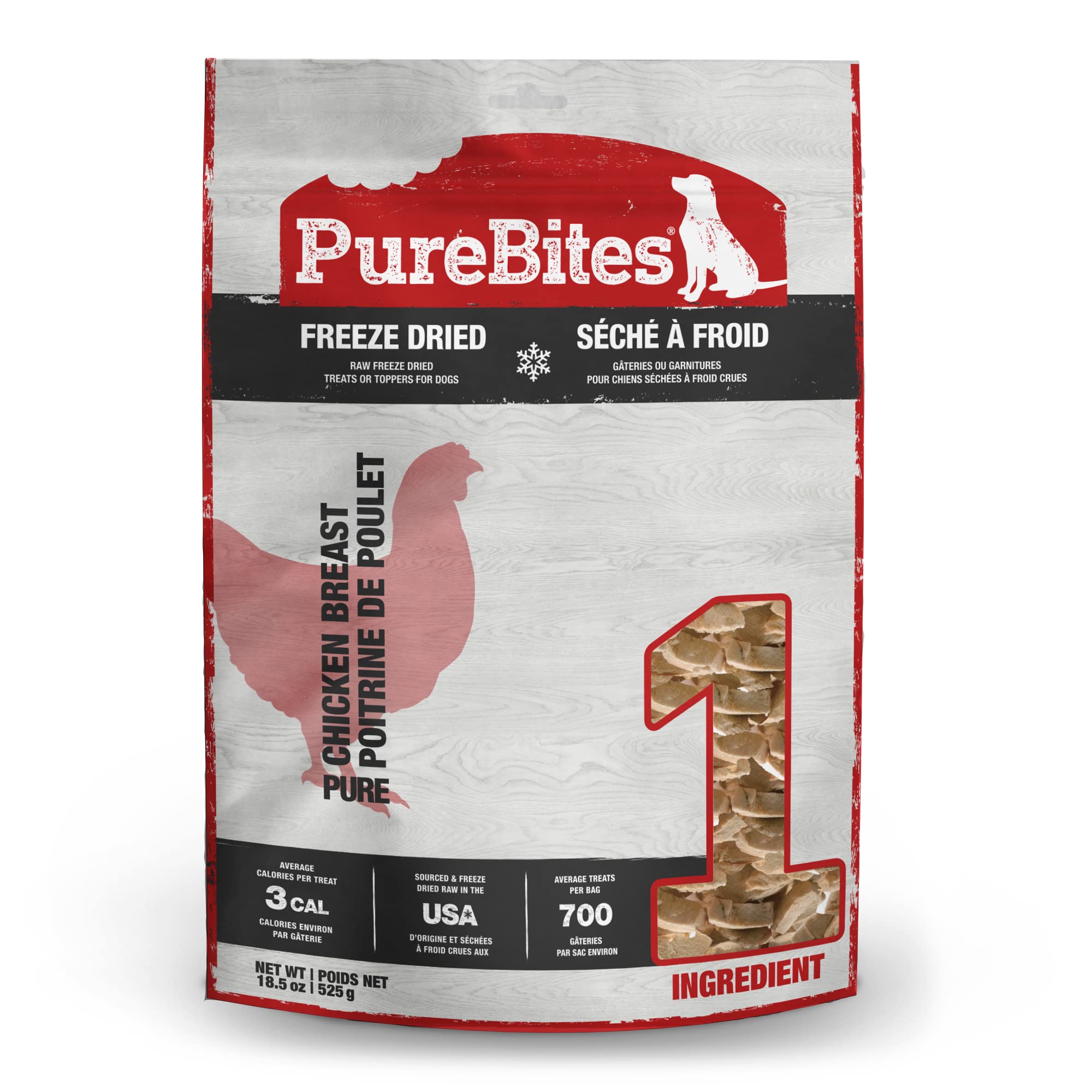 PureBites chicken freeze-dried dog treat front packaging showing single ingredient snack