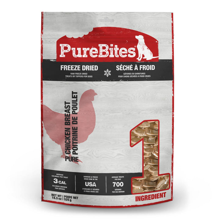 PureBites chicken freeze-dried dog treat front packaging showing single ingredient snack