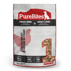 PureBites chicken freeze-dried dog treat front packaging showing single ingredient snack