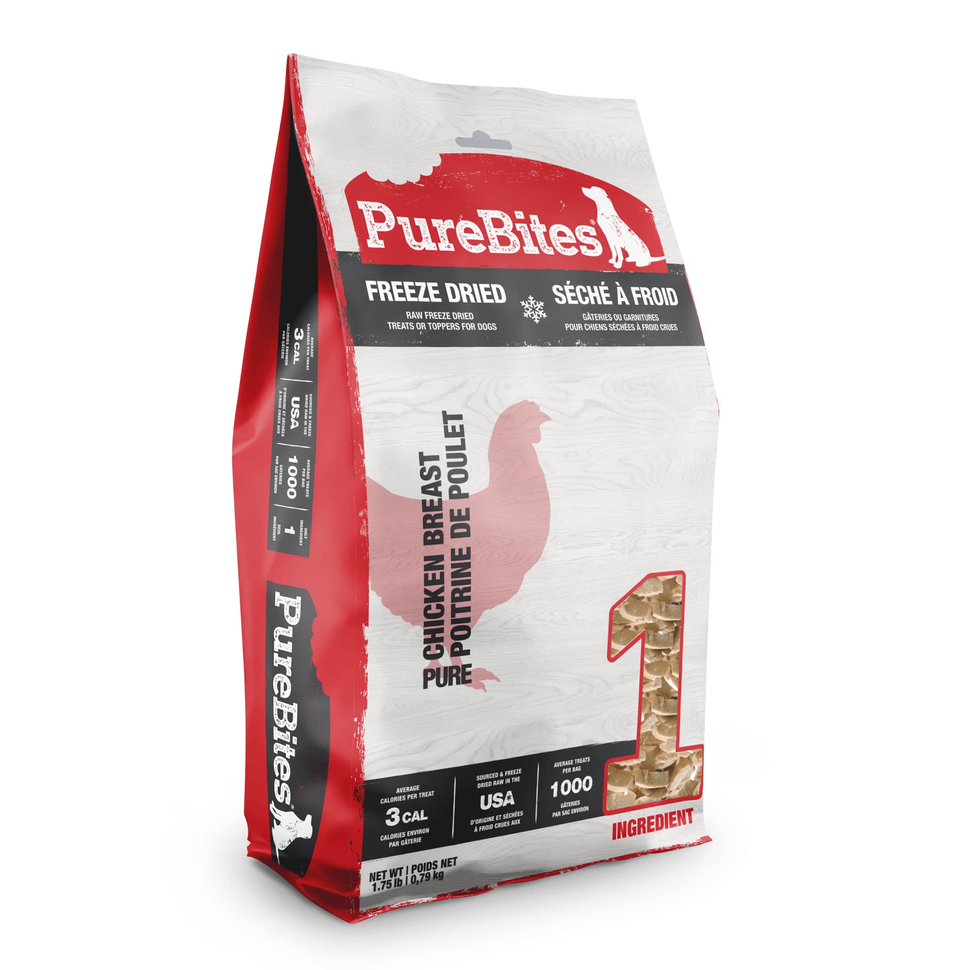 PureBites chicken freeze-dried treats in bag front; 1-ingredient formula for simple snacking