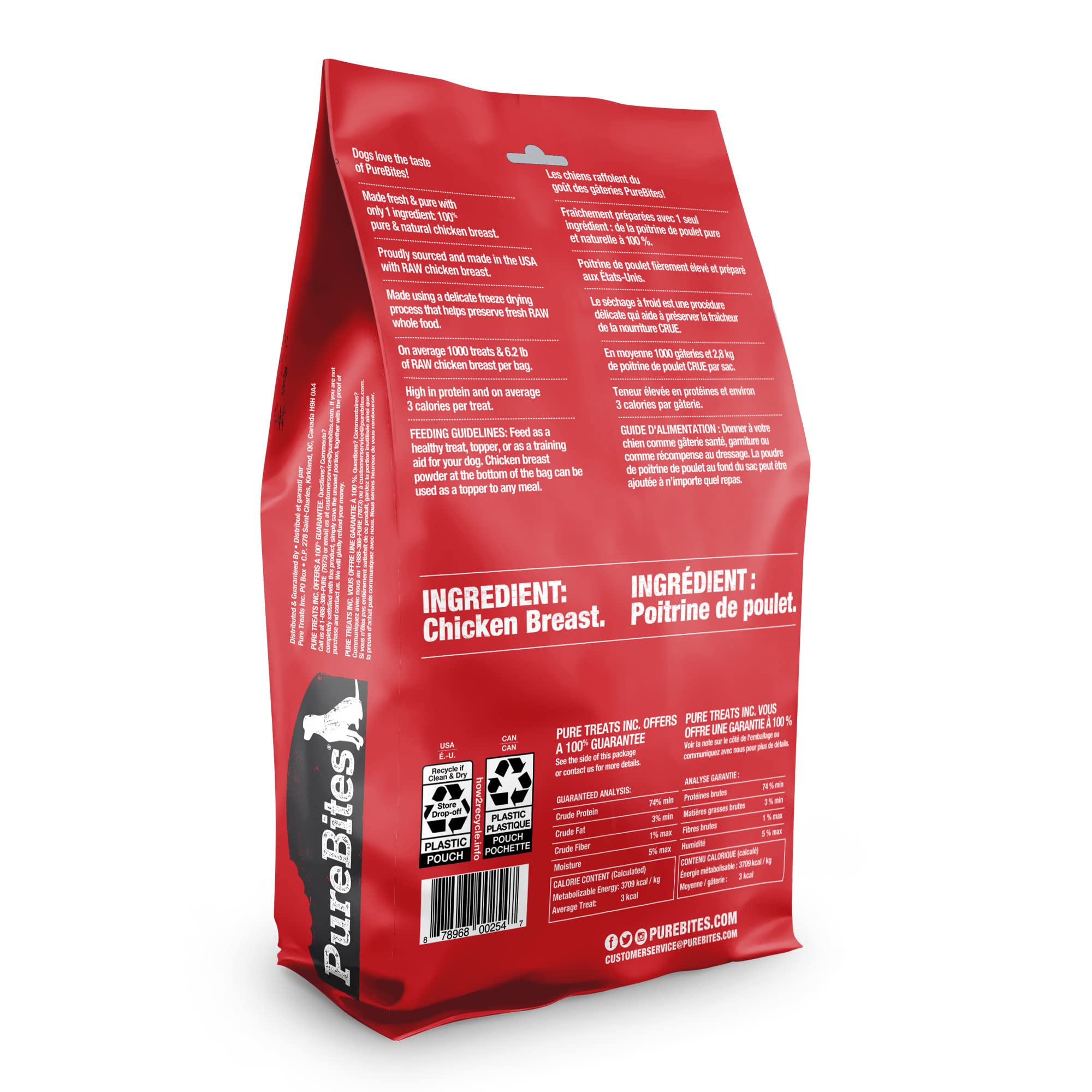 PureBites bag label shows USA-sourced chicken; supports high protein snack