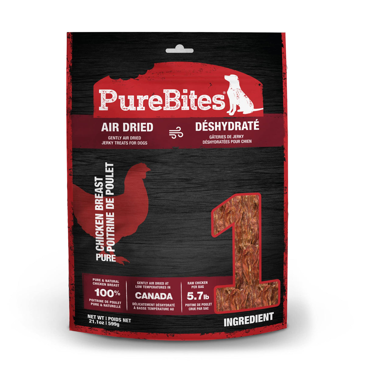 PureBites Chicken Jerky bag front showing 1-ingredient formula for clean protein snack