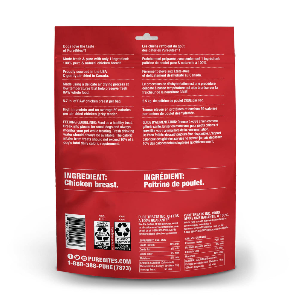 PureBites chicken jerky close-up emphasizes single-ingredient protein for dogs