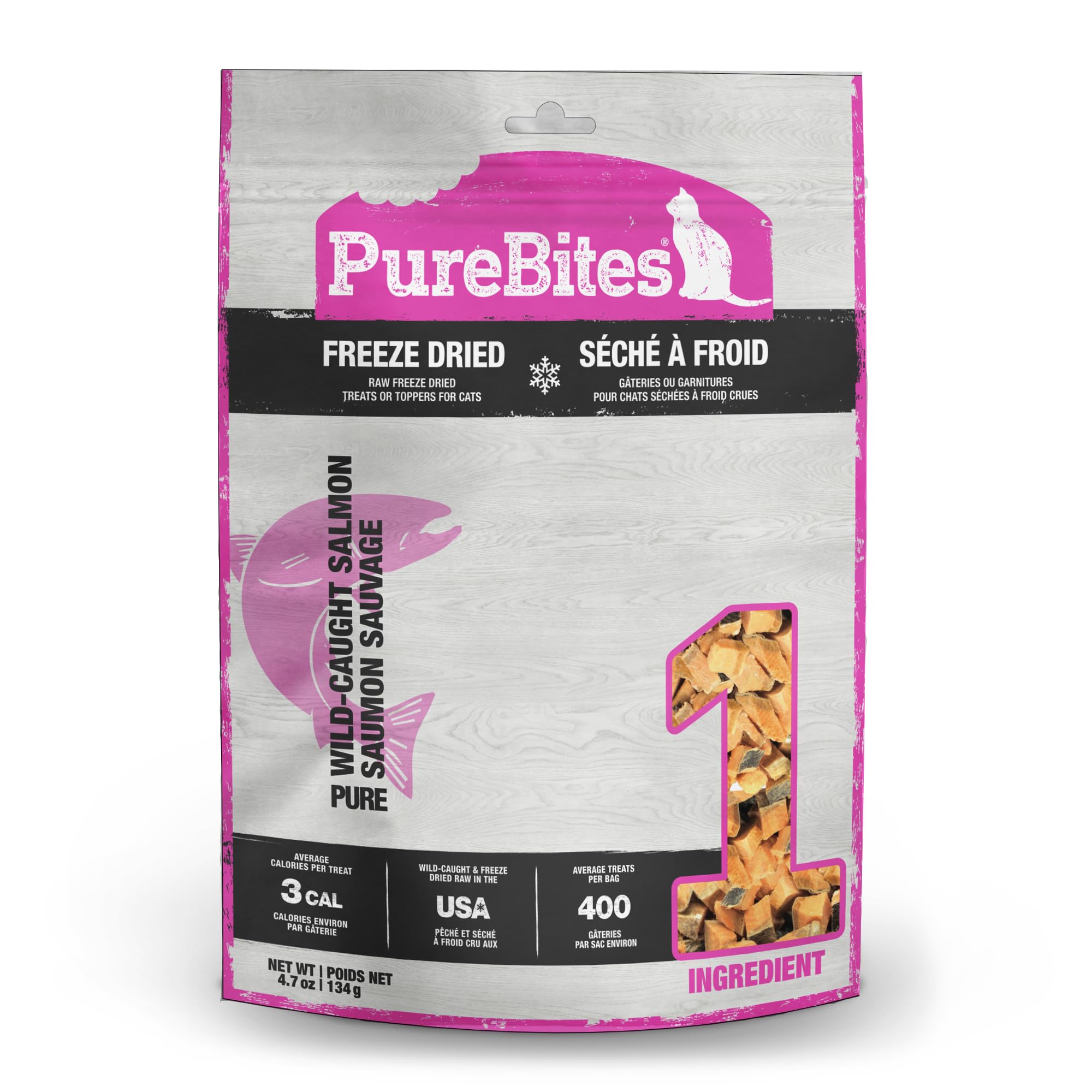 PureBites freeze-dried salmon cat treats jar highlighting a protein-rich snack
