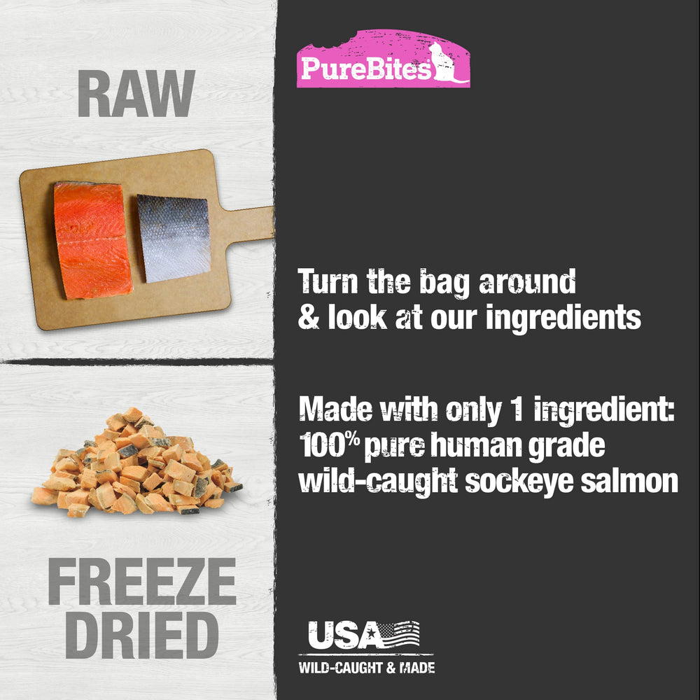 PureBites freeze-dried salmon cat treats label shows ingredients and recommended uses