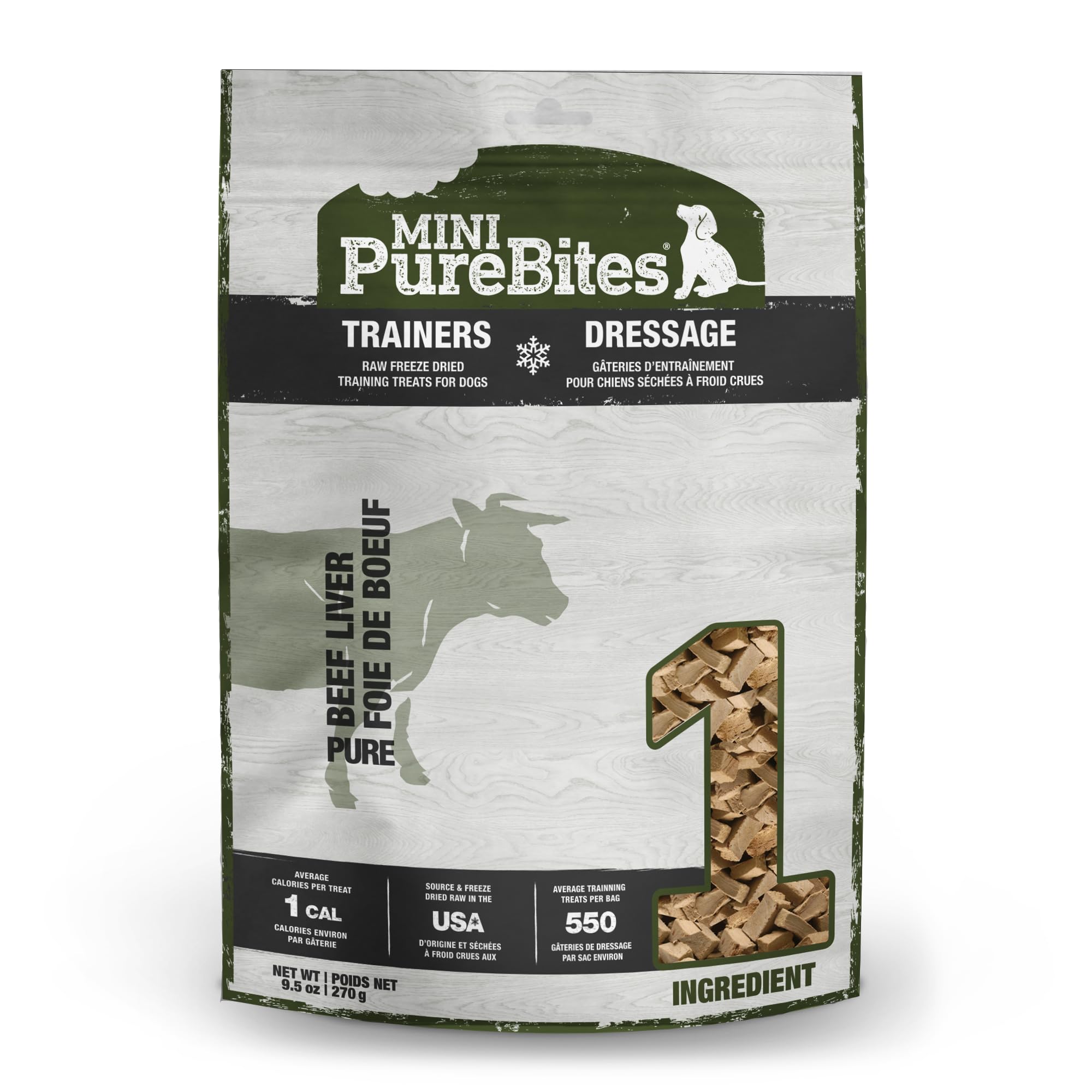 PureBites Mini Beef Liver bag close up highlighting single ingredient protein for training