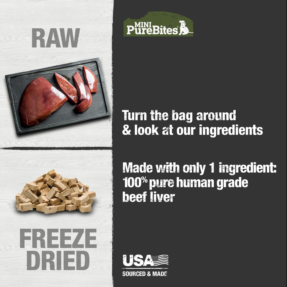 PureBites Mini Beef Liver freeze dried in USA preserves raw nutrition