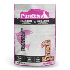 PureBites salmon freeze-dried dog treats bag front highlighting single-ingredient protein