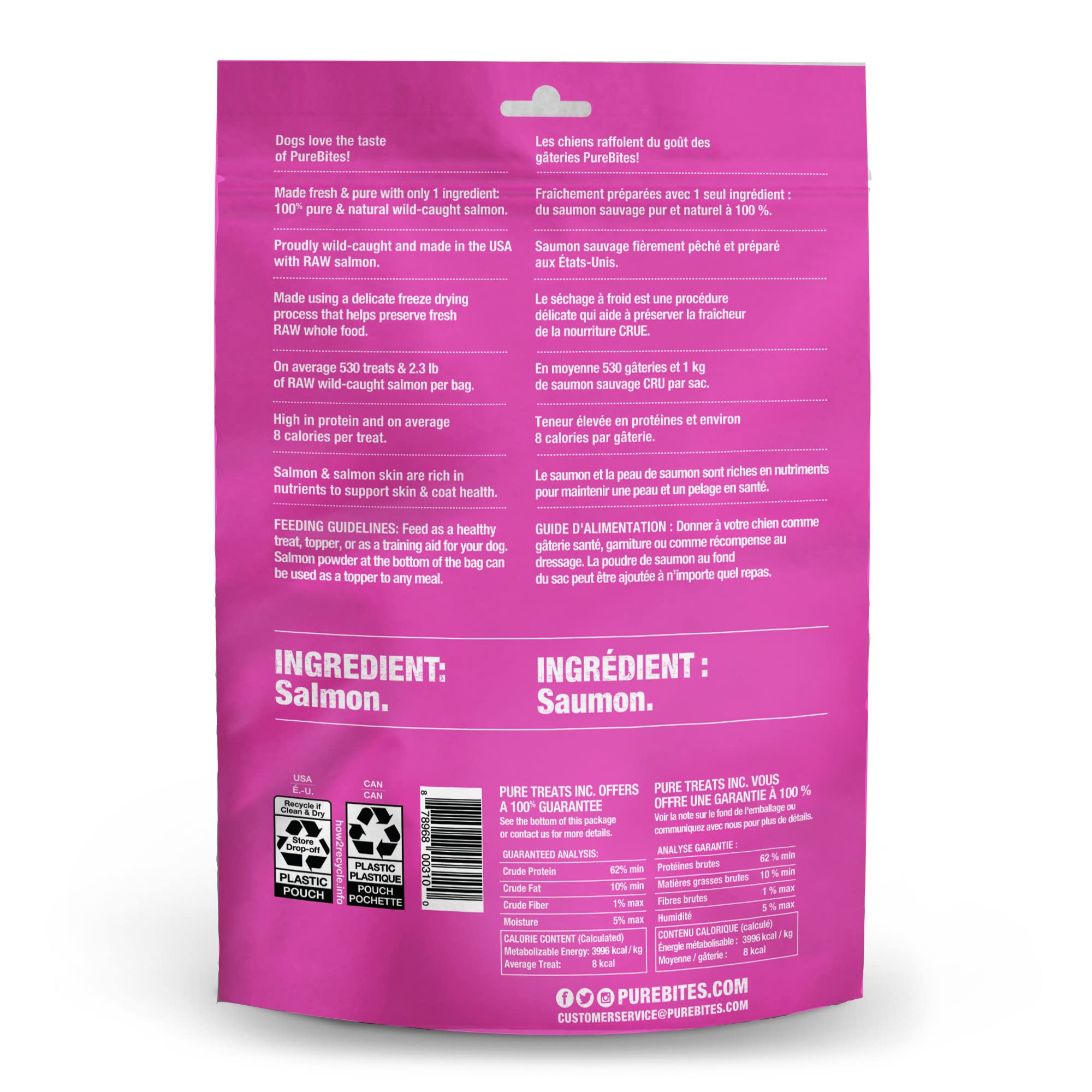PureBites ingredients panel shows 1-ingredient, salmon-only nutrition