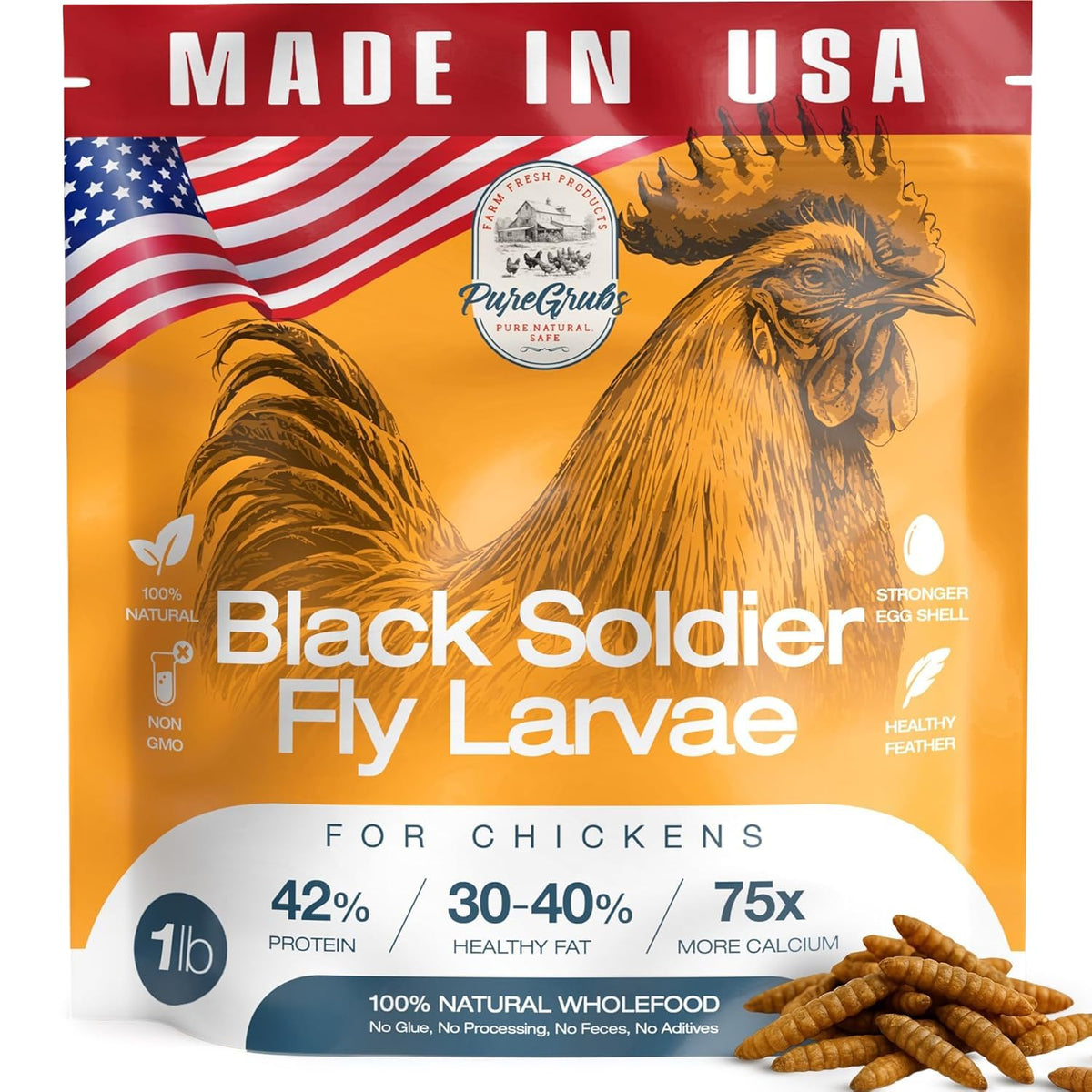 PureGrubs BSFL dried larvae in bag for energy-dense chicken treats.