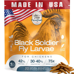 PureGrubs BSFL dried larvae in bag for energy-dense chicken treats.