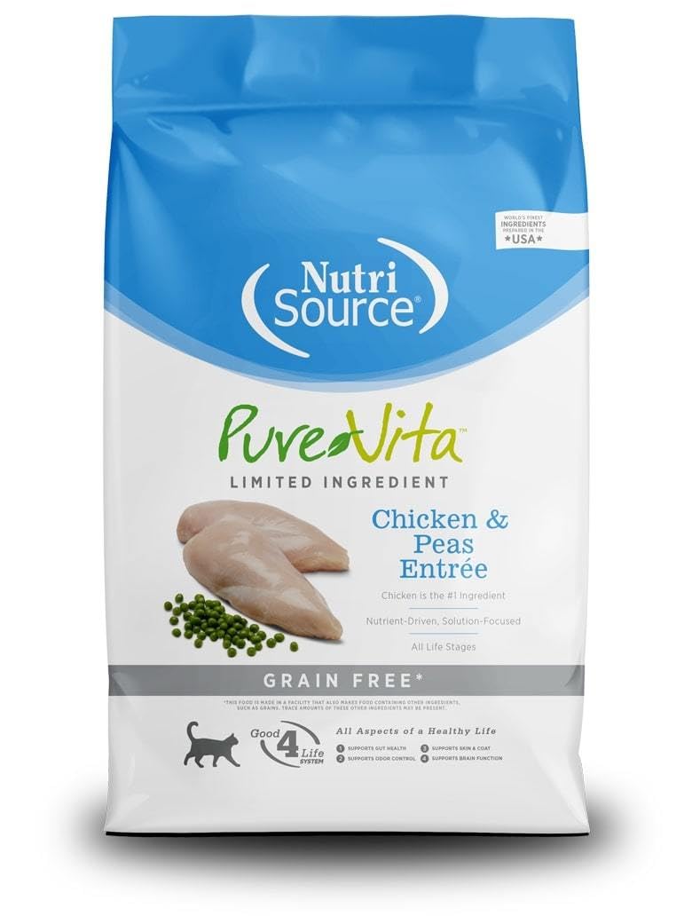 PureVita grain-free chicken and peas entree dry cat food bag for everyday feline feeding.