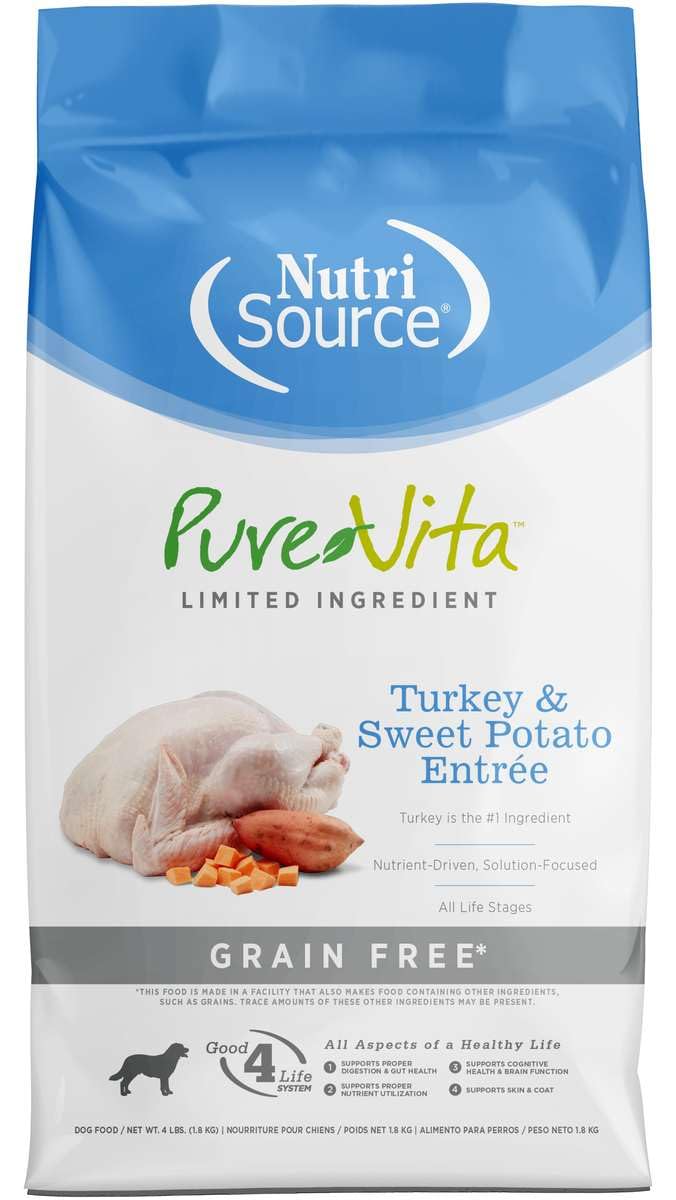 PureVita turkey and sweet potato dog food bag supports grain-free nutrition and gut health