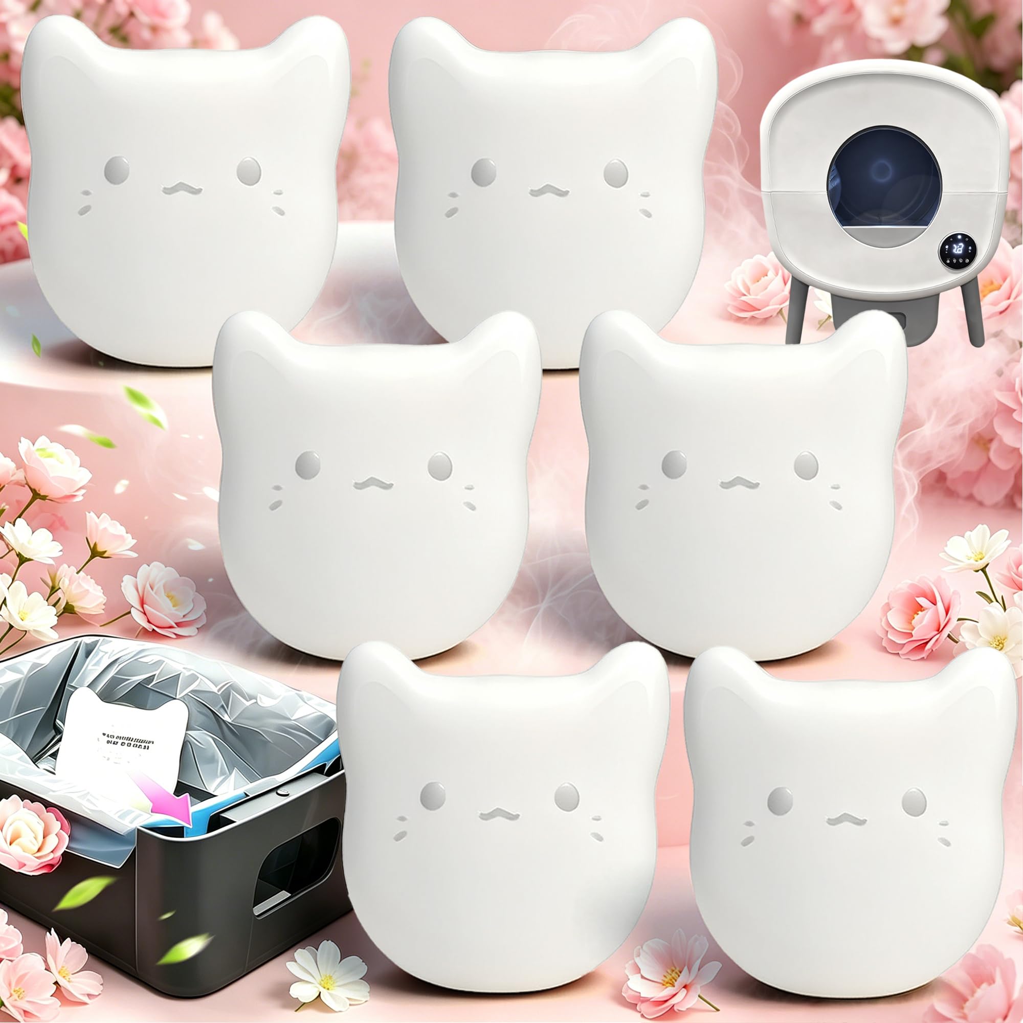PurifyLogix pods in a litter box drawer releasing long-lasting camellia scent for a fresher room