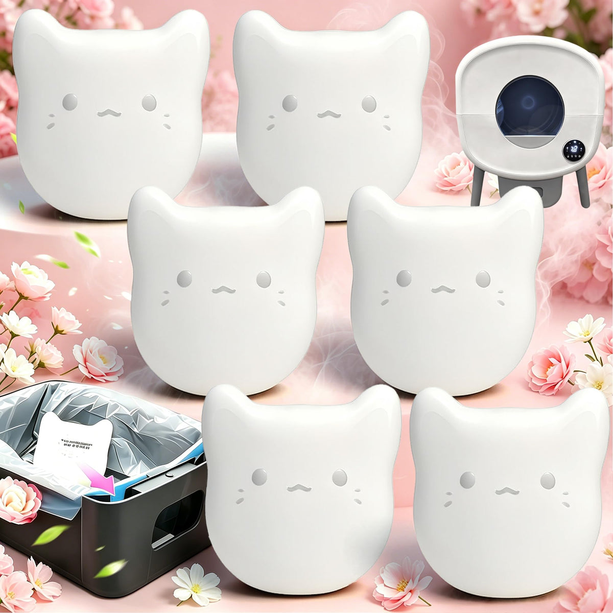PurifyLogix pods in a litter box drawer releasing long-lasting camellia scent for a fresher room
