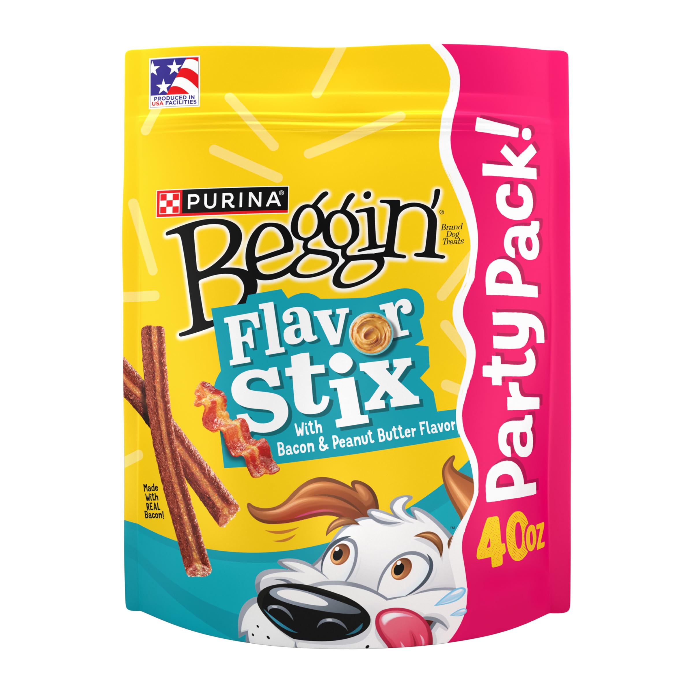 Purina Beggin' Flavor Stix bacon and peanut butter pack front, ideal for training rewards
