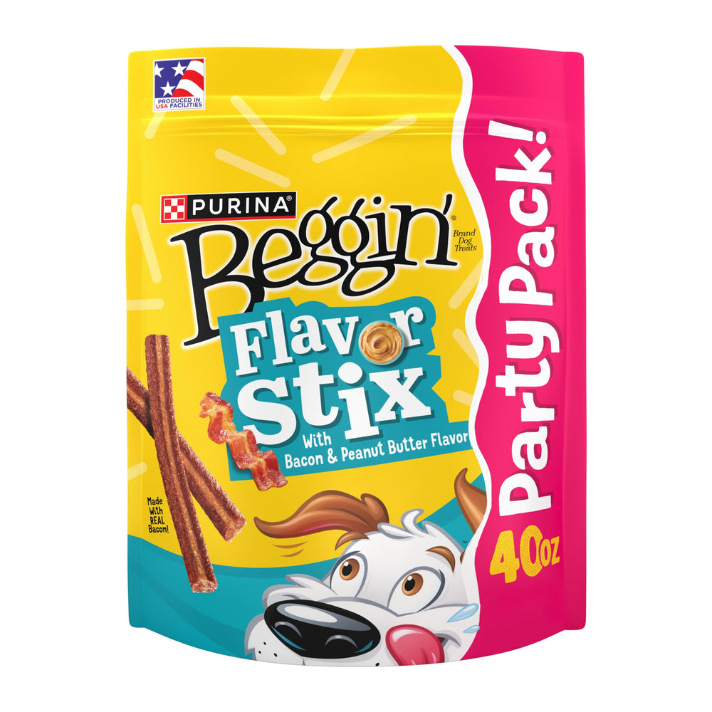 Purina Beggin' Flavor Stix bacon and peanut butter pack front, ideal for training rewards