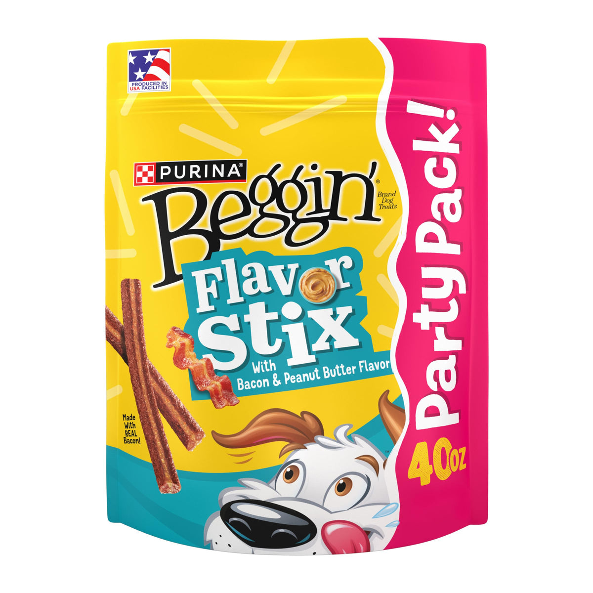 Purina Beggin' Flavor Stix bacon and peanut butter pack front, ideal for training rewards