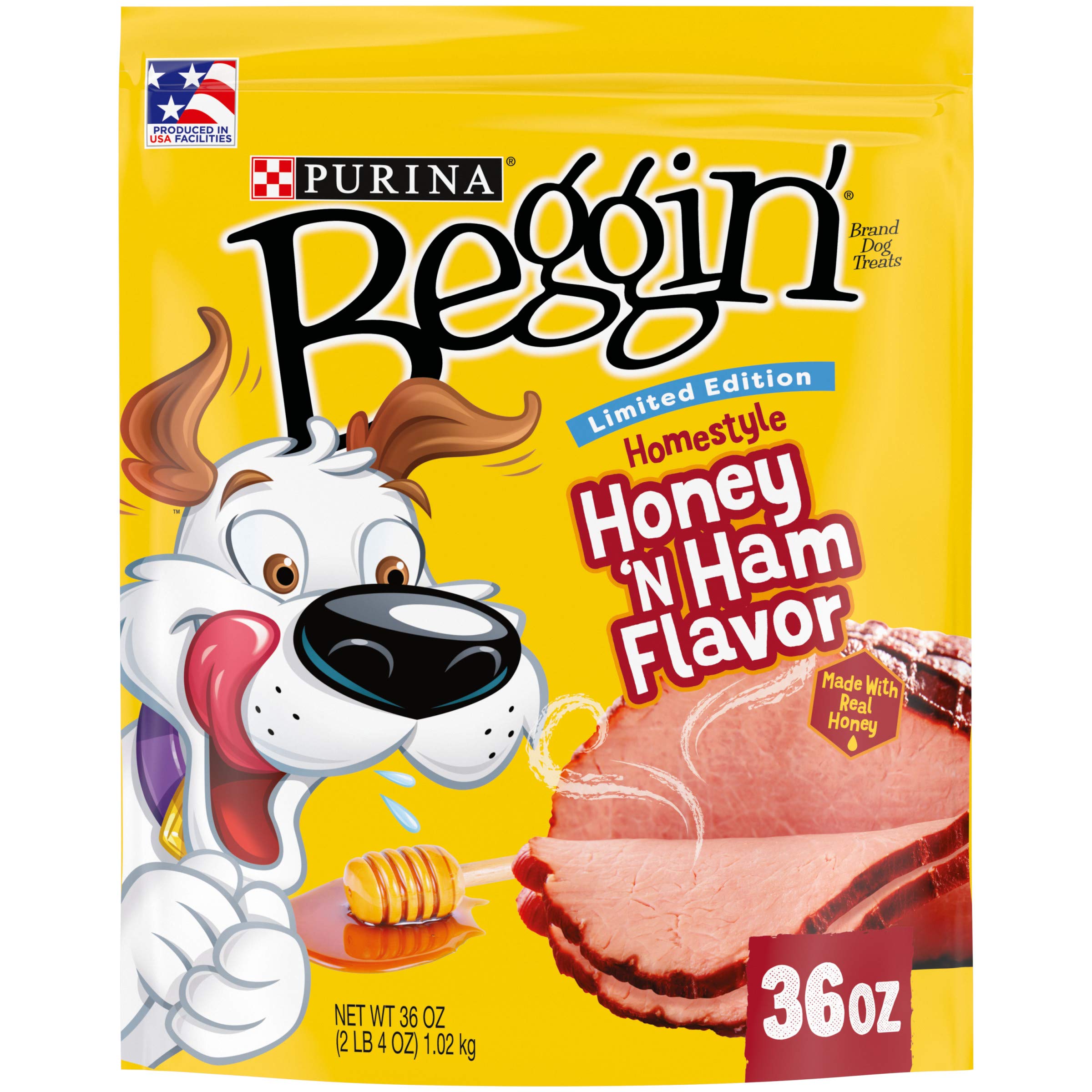 Purina Beggin' Homestyle Honey N' Ham treats pouch front, ideal training reward.