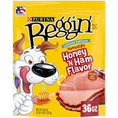 Purina Beggin' Homestyle Honey N' Ham treats pouch front, ideal training reward.