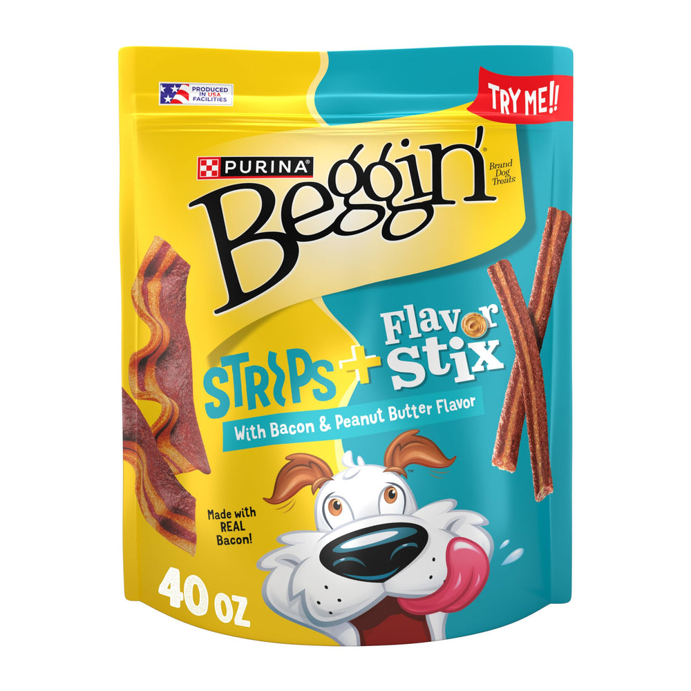 Purina Beggin’ Stix and Strips bacon peanut butter 40 oz pouch front view, delicious dog treat