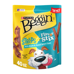 Purina Beggin’ Stix and Strips bacon peanut butter 40 oz pouch front view, delicious dog treat