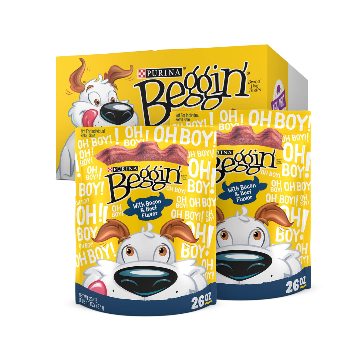 Purina Beggin' Strips bacon-beef soft treats, two-pack, ideal as rewards.