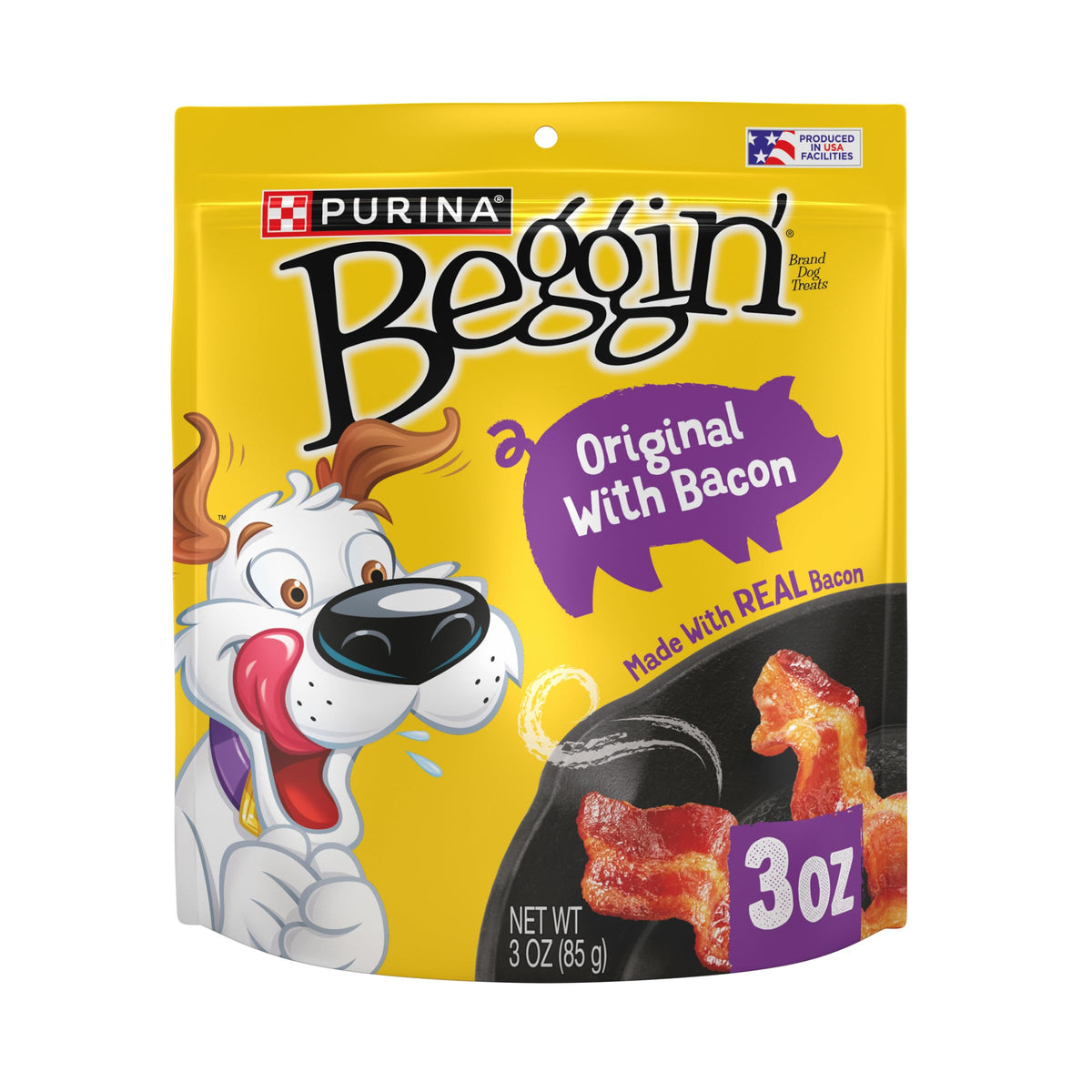 Purina Beggin' Strips Original Bacon dog treats in pack of six with appealing scent.