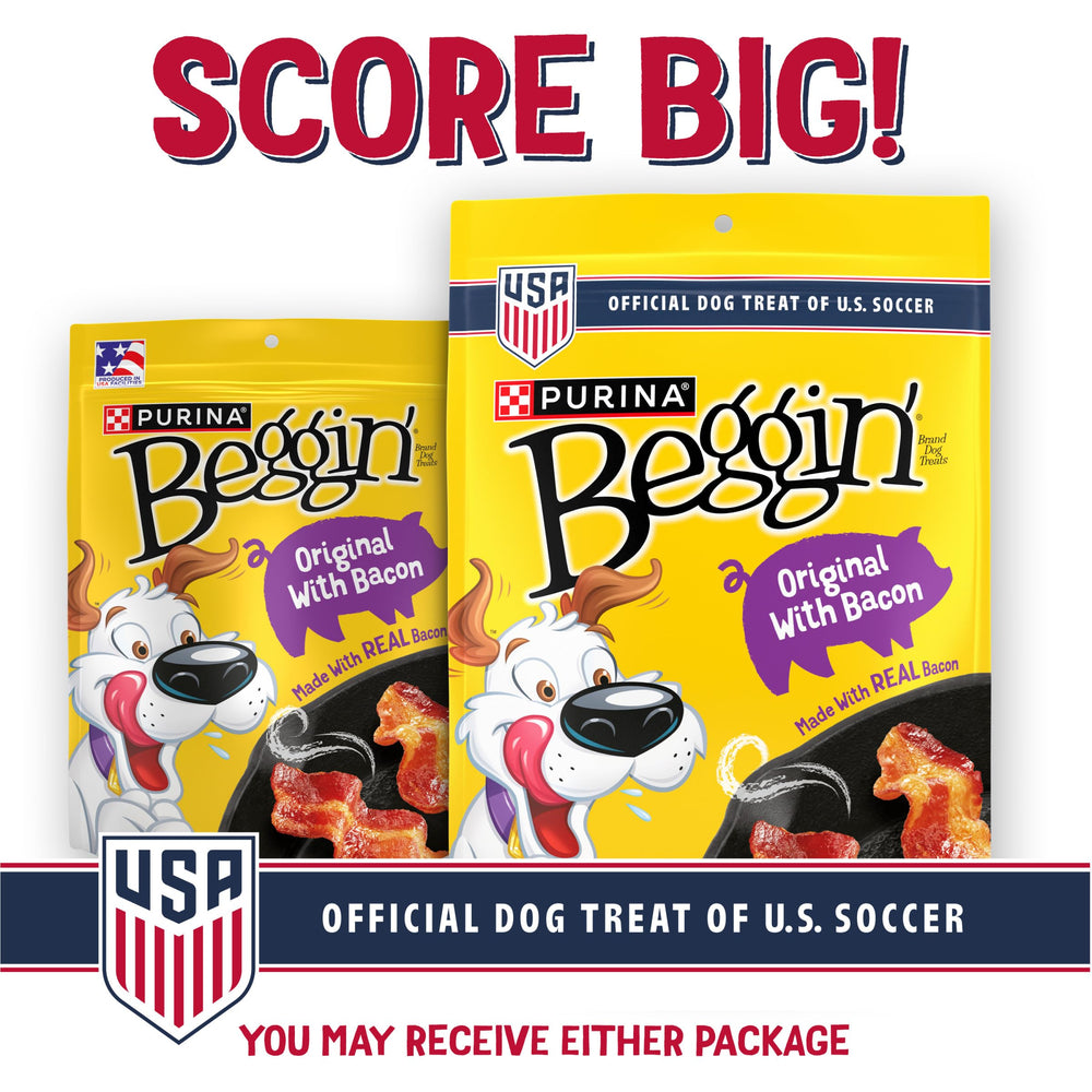 Purina Beggin' Strips pack shot showing bacon flavor in a resealable pouch