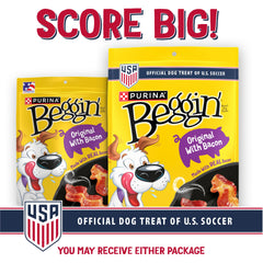Purina Beggin' Strips pack shot showing bacon flavor in a resealable pouch