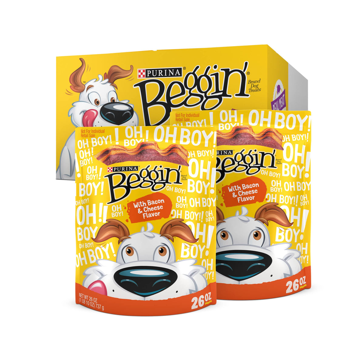 Purina Beggin' Strips with real bacon and cheese—soft, chewable training rewards.