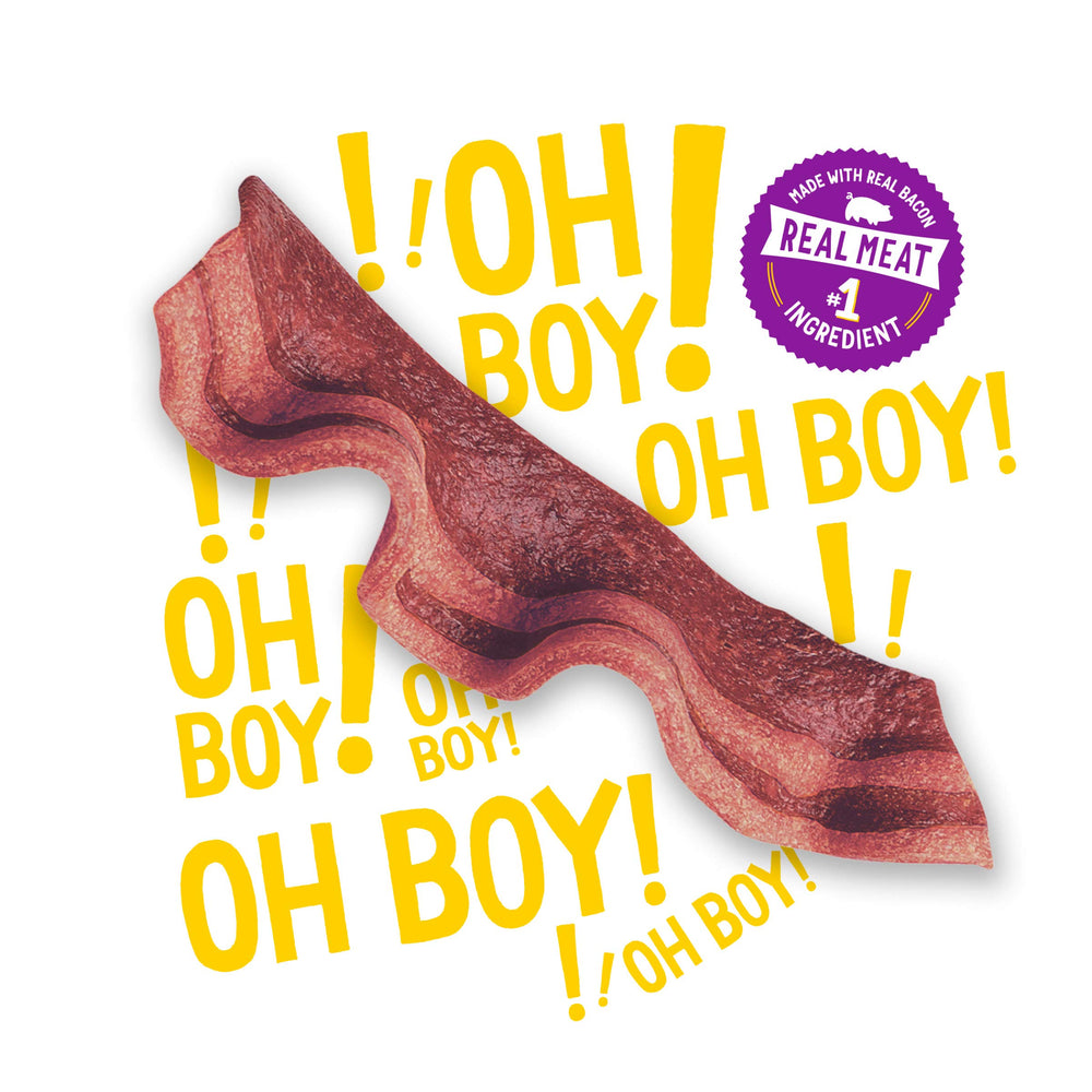 Purina Beggin' Strips real-meat-first ingredient, bacon-beef flavor, enticing aroma for excited dogs.