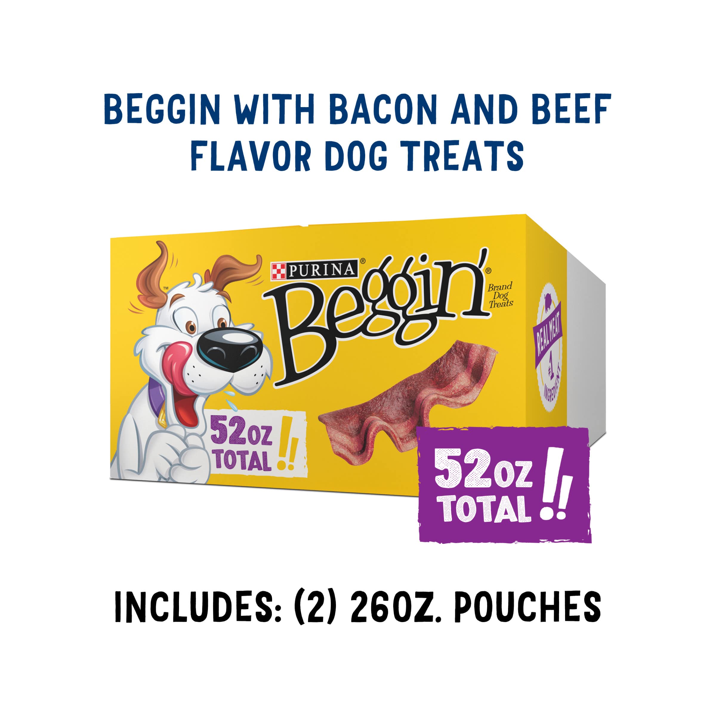 Purina Beggin' Strips two-pack pouches, convenient snack on the go.