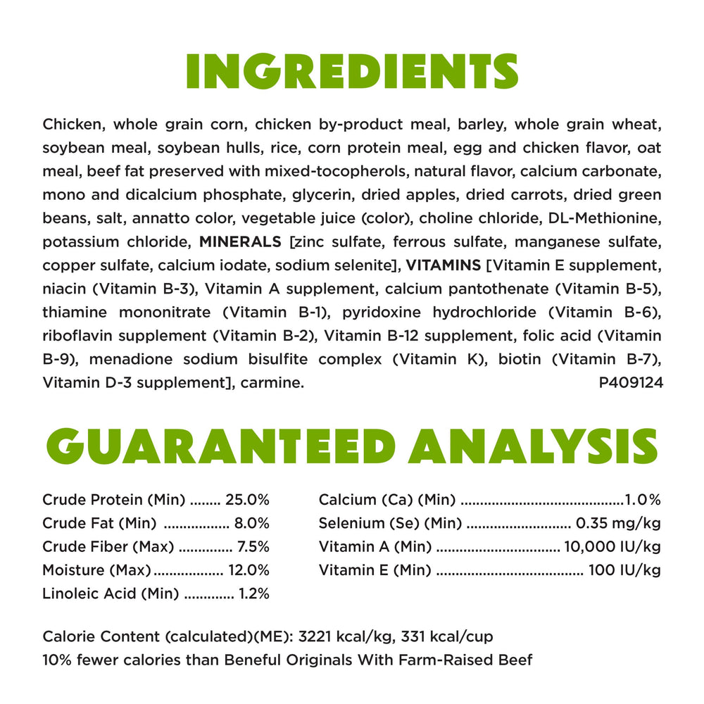 Purina Beneful Healthy Weight with apples, carrots and green beans accents.