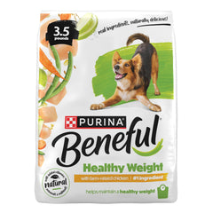 Purina Beneful Healthy Weight bag front view with calorie-smart nutrition.