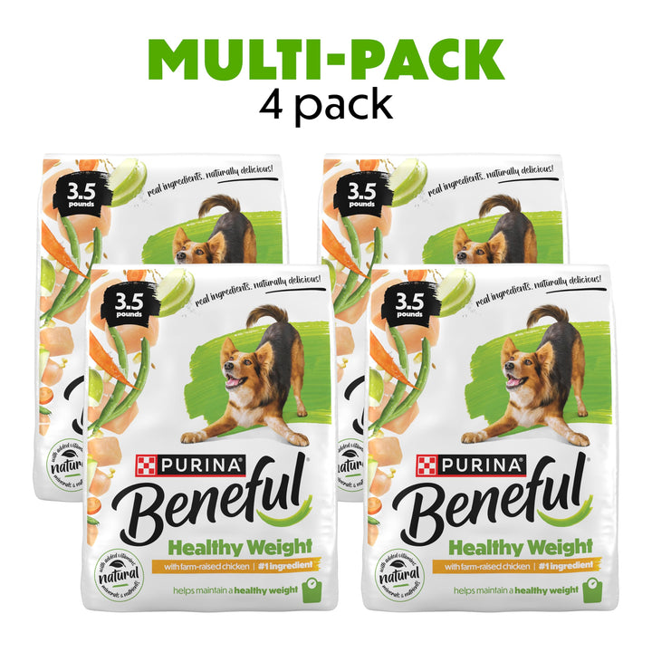 Purina Beneful Healthy Weight label info highlighting natural ingredients.