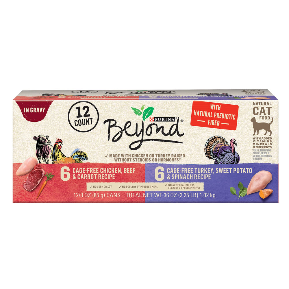 Purina Beyond chicken-beef-carrot-gravy can, for adult cats' flavorful meal