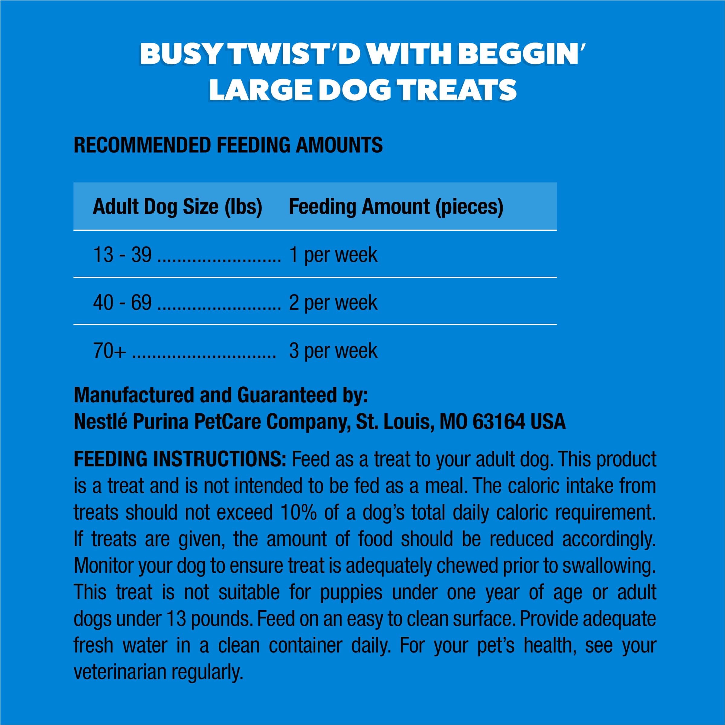 Purina Busy Beggin' Twist'd sized for adult dogs around 30 pounds