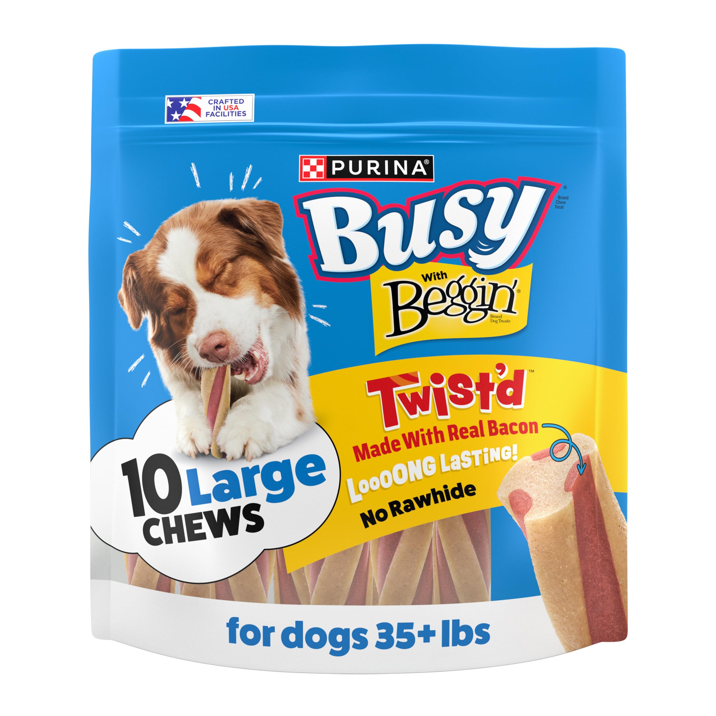 Purina Busy Beggin' Twist'd bacon spiral treat for dogs, offering long-lasting chewing action