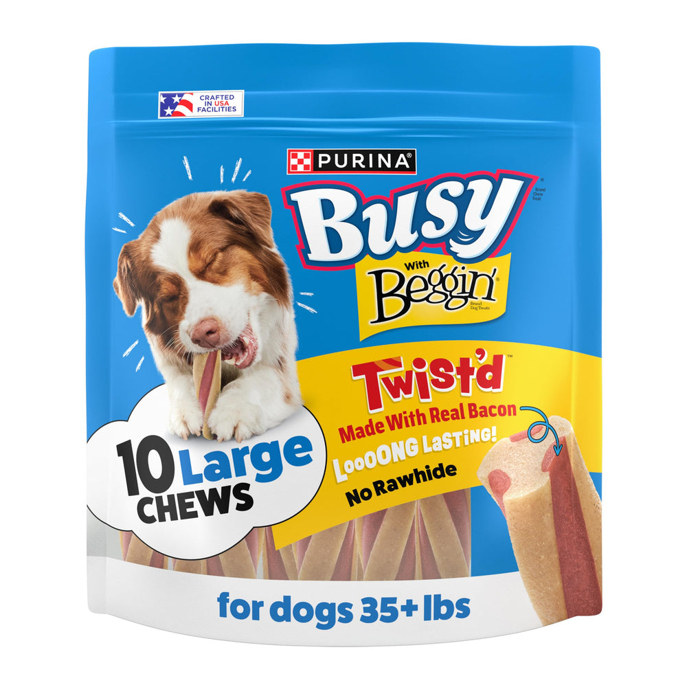 Purina Busy Beggin' Twist'd bacon spiral treat for dogs, offering long-lasting chewing action