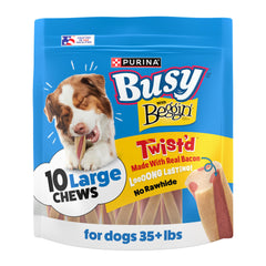 Purina Busy Beggin' Twist'd bacon spiral treat for dogs, offering long-lasting chewing action