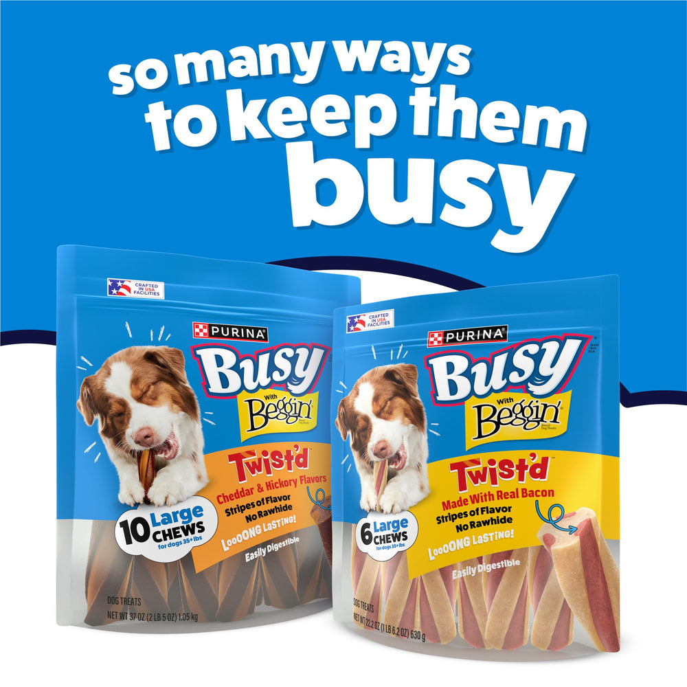 Purina Busy Beggin’ Twist’d cheddar-hickory flavor close-up emphasizes flavor fusion.